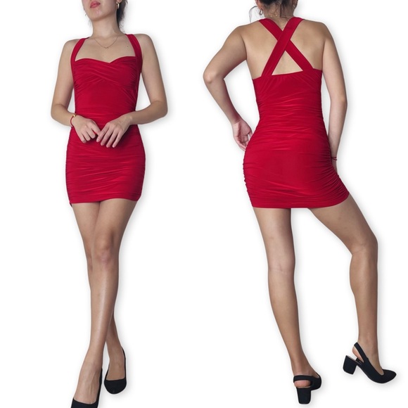 Vintage Red Ruched Bodycon Mini Dress Size S - Picture 14 of 16